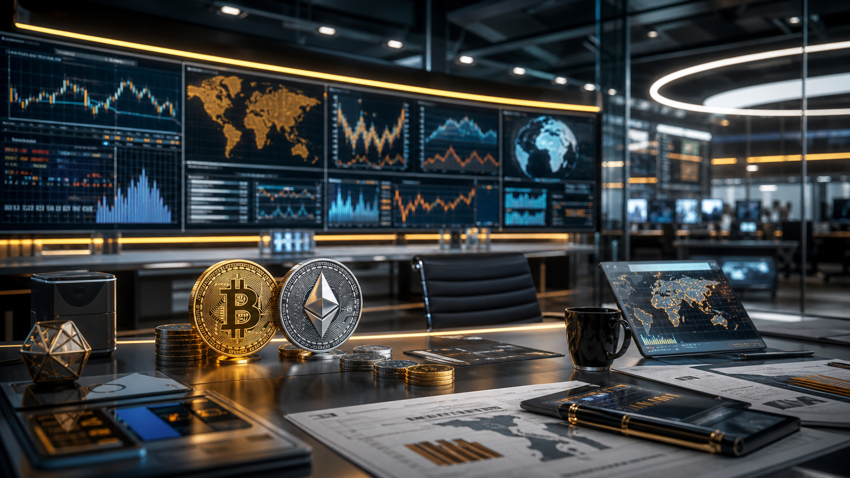 Crypto newsroom with market screens
